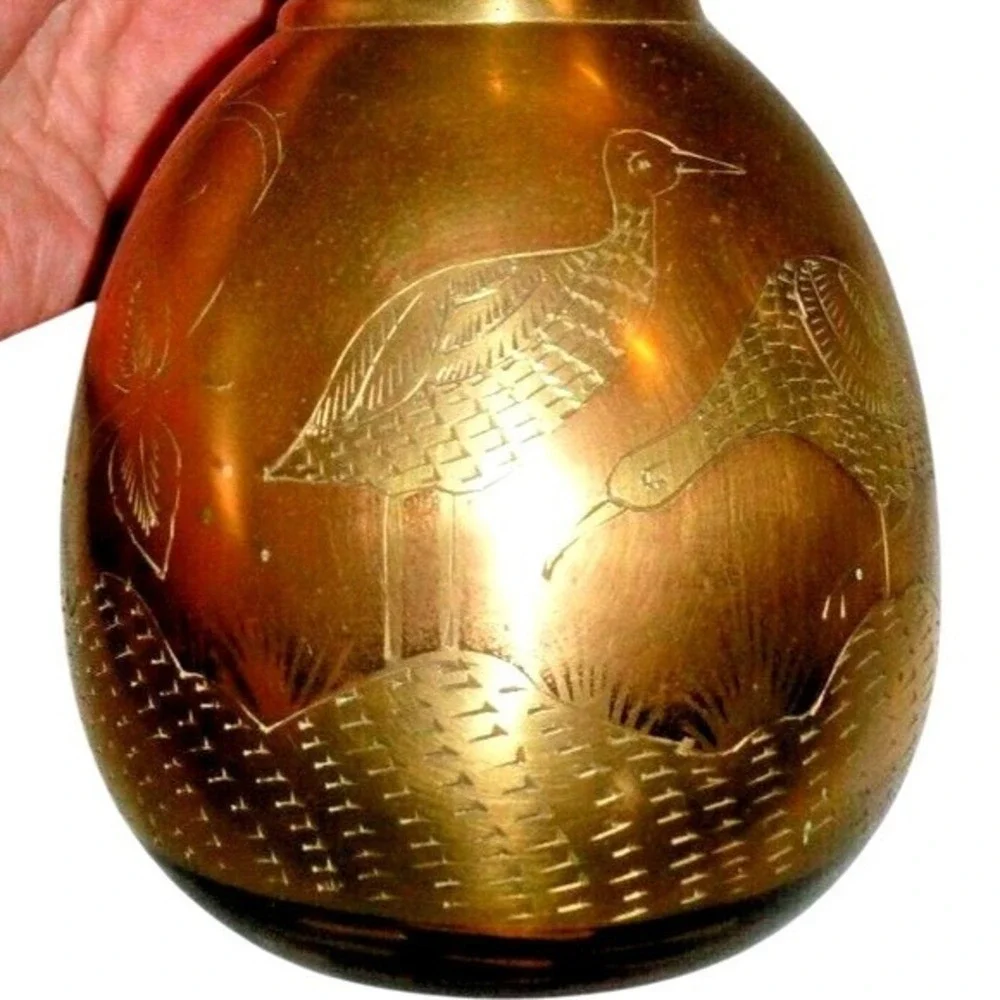 Vintage Etched Brass Bud Vase Gold Black Heron Crane Bird Design Asian Style